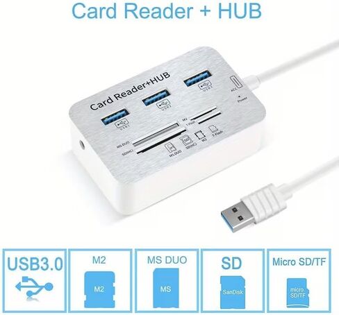 7 in1 3 Ports USB Type C 3.0 HUB+4 Ports Expander SD TF MS, M2 MMC Memory Card Reader Adapter for U Disk PC Laptop Mouse, White in Kuwait