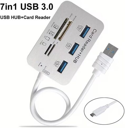 7 in1 3 Ports USB Type C 3.0 HUB+4 Ports Expander SD TF MS, M2 MMC Memory Card Reader Adapter for U Disk PC Laptop Mouse, White in Kuwait
