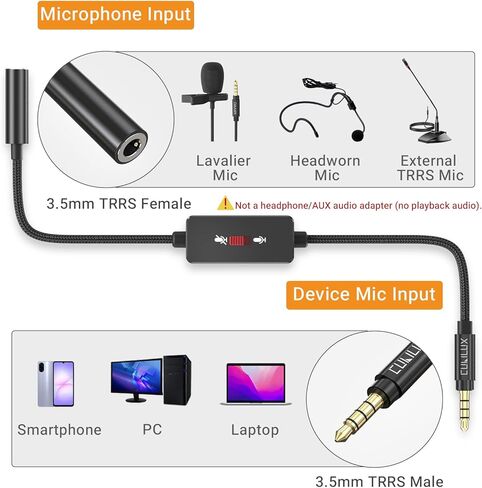 Cubilux 3.5mm TRRS Microphone Mute Switch Adapter, CTIA Inline Slide (Male to Female), Mic Signal Only (Not for Headphones/Audio), for TRRS Lavalier Mic, Smartphone/Laptop/PC in Kuwait