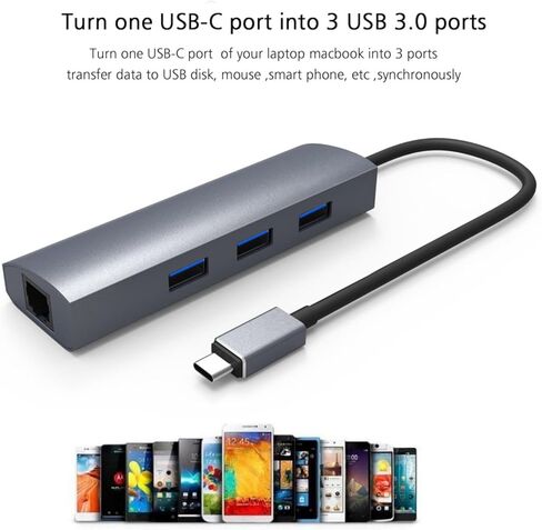 موزع USB C إلى 3 منافذ USB 3.0 مع محول جيجابت إيثرنت، وجسم من الألومنيوم لأجهزة USB من النوع C، بما في ذلك MacBook الجديد وChromeBook Pixel والمزيد in Kuwait