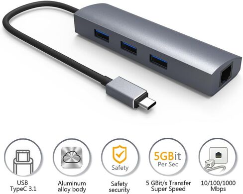 موزع USB C إلى 3 منافذ USB 3.0 مع محول جيجابت إيثرنت، وجسم من الألومنيوم لأجهزة USB من النوع C، بما في ذلك MacBook الجديد وChromeBook Pixel والمزيد in Kuwait