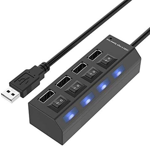 موزع USB 4 منافذ 2.0 USB عالي السرعة 480 ميجابت في الثانية مع مفتاح تشغيل/إيقاف، 4 مصابيح LED (أسود) in Kuwait