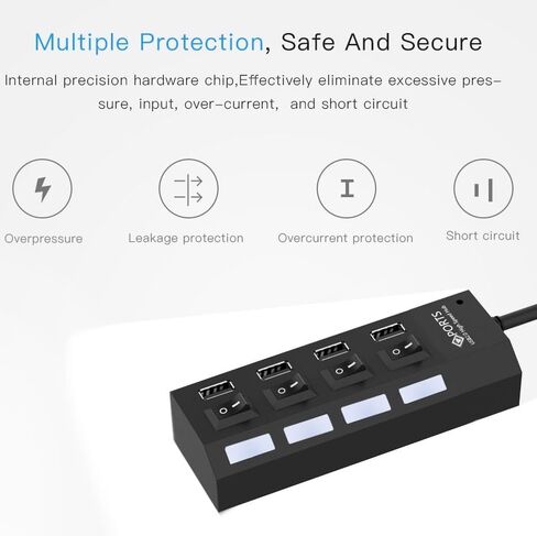 موزع USB 4 منافذ 2.0 USB عالي السرعة 480 ميجابت في الثانية مع مفتاح تشغيل/إيقاف، 4 مصابيح LED (أسود) in Kuwait