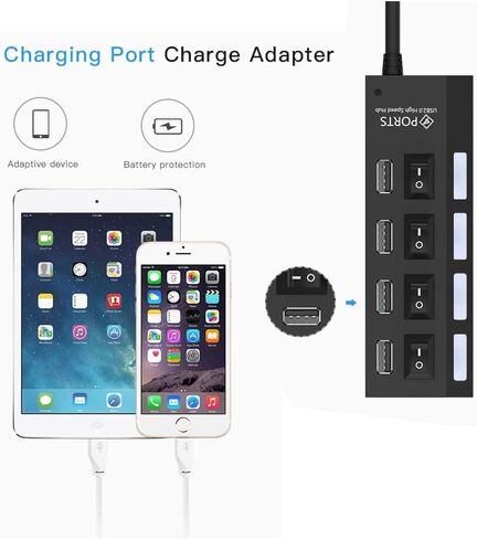 موزع USB 4 منافذ 2.0 USB عالي السرعة 480 ميجابت في الثانية مع مفتاح تشغيل/إيقاف، 4 مصابيح LED (أسود) in Kuwait