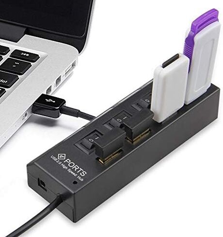 موزع USB 4 منافذ 2.0 USB عالي السرعة 480 ميجابت في الثانية مع مفتاح تشغيل/إيقاف، 4 مصابيح LED (أسود) in Kuwait