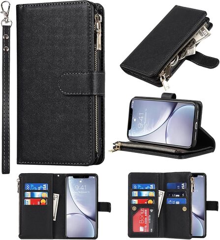 Wallet Case Compatible with iPhone XR Case,[9 Card Slots] [Wrist Strap] [Stand Feature] Zipper Cash Pocket Magnetic Leather Cover Shockproof Slim Case for iPhone XR,6.1 inch Rosegold in Saudi Arabia