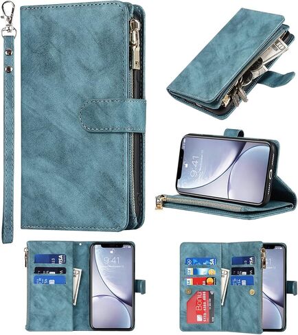 Wallet Case Compatible with iPhone XR Case,[9 Card Slots] [Wrist Strap] [Stand Feature] Zipper Cash Pocket Magnetic Leather Cover Shockproof Slim Case for iPhone XR,6.1 inch Rosegold in Saudi Arabia