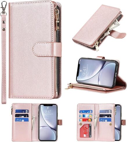 Wallet Case Compatible with iPhone XR Case,[9 Card Slots] [Wrist Strap] [Stand Feature] Zipper Cash Pocket Magnetic Leather Cover Shockproof Slim Case for iPhone XR,6.1 inch Rosegold in Saudi Arabia