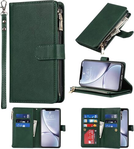 Wallet Case Compatible with iPhone XR Case,[9 Card Slots] [Wrist Strap] [Stand Feature] Zipper Cash Pocket Magnetic Leather Cover Shockproof Slim Case for iPhone XR,6.1 inch Rosegold in Saudi Arabia