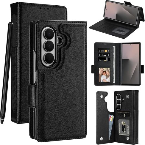 حافظة Vofolen لهاتف Samsung Galaxy Z Fold 7 مع حامل بطاقة RFID وحامل قلم S من الجلد شديد التحمل ومضاد للصدمات مع مشبك مغناطيسي وغطاء رفيع لهاتف Z Fold 7 أسود in Kuwait