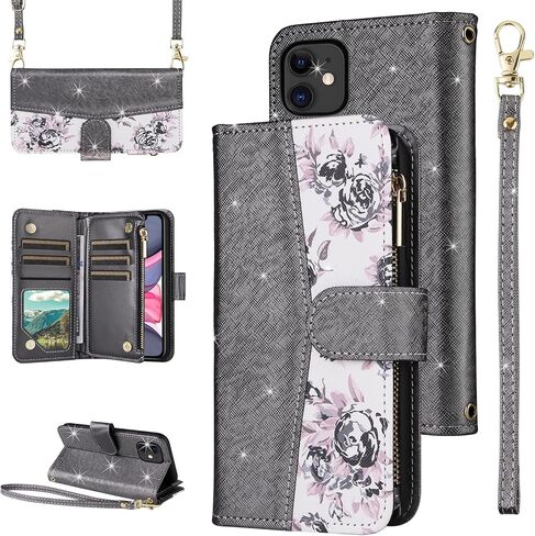 for iPhone 14 Plus 6.7 inch Floral Wallet Case with Flip Zipper Purse Wrist/Shoulder Strap, Card Holder Stand Phone Cover for i-Phone 14+ iPhone14Plus 5G i i14 + iPhone14 14Plus Women Black in Kuwait