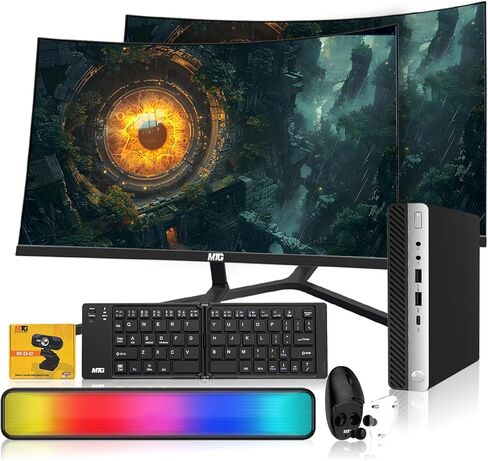 HP EliteDesk G5 Tiny PC، Intel i5، ذاكرة الوصول العشوائي 16 جيجابايت، 1 تيرابايت SSD + 500 جيجابايت HDD، شاشة منحنية مزدوجة 27 بوصة، لوحة مفاتيح/ماوس لاسلكية قابلة للطي مع سماعات أذن مدمجة، شريط صوت RGB، كاميرا ويب، USB WiFi & BT، Windows 11 (متجدد) in Kuwait
