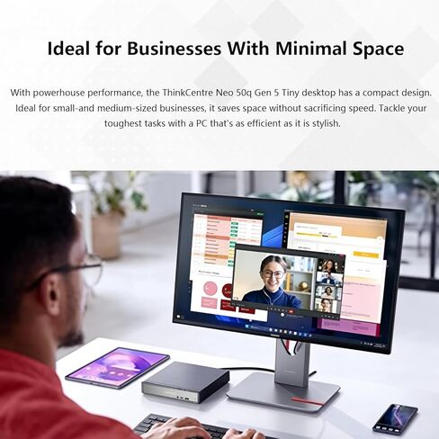 كمبيوتر مكتبي صغير الحجم Lenovo ThinkCentre 50q Business، Intel Core 7 240H، ذاكرة وصول عشوائي 32 جيجابايت، 1 تيرابايت SSD، DP، HDMI، يدعم 3 شاشات 4K، نوع C، لوحة مفاتيح وماوس سلكية، Wi-Fi 6، Win 11 Pro، حزمة محرك أقراص فلاش سعة 64 جيجابايت in Kuwait