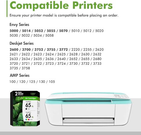 خراطيش حبر 65XL 65 بديلة لحبر HP 65XL Ink Work for Officejet Envy 5055 DeskJet 3755 3700 3772 2600 3752 Envy 5000 5052 5070 Printer (1 أسود، 1 ثلاثي الألوان) in Kuwait