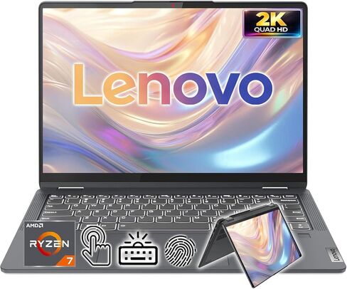 Lenovo IdeaPad 14 بوصة 2.2K QHD 2 في 1 كمبيوتر محمول بشاشة تعمل باللمس | معالج AMD Ryzen 7 | Win 11 | ذاكرة الوصول العشوائي 16 جيجابايت | 512 جيجابايت PCIe SSD | لوحة مفاتيح بإضاءة خلفية | بصمة الإصبع | كاميرا 1080 بكسل | كمبيوتر محمول قابل للتحويل للعمل  in Kuwait