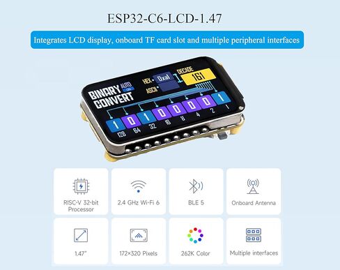 (قطعتان) لوحة تطوير العرض ESP32-C6 مقاس 1.47 بوصة، 172 × 320، لون 262 ألف، معالج أحادي النواة تردد تشغيل 160 ميجا هرتز، مع RGB LED ملون، ESP32 مع شاشة تدعم Wi-Fi 6 وBLE in Kuwait