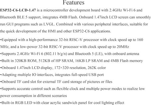 (قطعتان) لوحة تطوير العرض ESP32-C6 مقاس 1.47 بوصة، 172 × 320، لون 262 ألف، معالج أحادي النواة تردد تشغيل 160 ميجا هرتز، مع RGB LED ملون، ESP32 مع شاشة تدعم Wi-Fi 6 وBLE in Kuwait