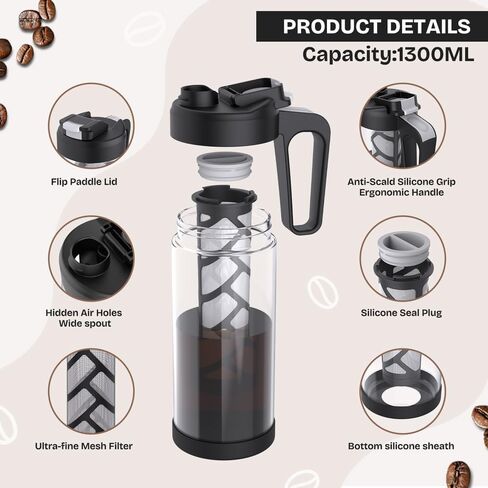 wedrink Cold Brew Coffee Maker, Glass Iced Coffee Maker Leak Proof Traitan Iced Tea Coffee Pitcher(44oz,1.3L) in Saudi Arabia