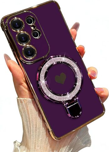 Designed for Samsung Galaxy S26 Ultra Case with Makeup Mirror Kickstand Plating Wave Love Heart Fashion Flexible Slim Full Protective Phone Cases Cover for Girls Women (Purple) in Kuwait