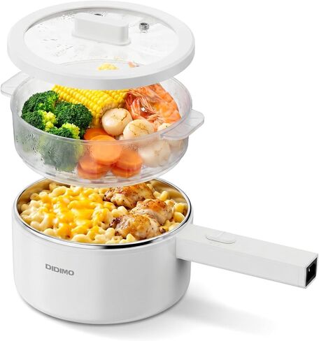 DiDimo Electric Hot Pot，1.5L Stainless Steel Mini Pot，Rapid Noodles Cooker，Shabu Hot Pot，For Steak, Egg, Fried Rice, Ramen, Oatmeal, Soup，With Over-Heating Protection, Boil Dry Protection（Egg Rack Included） in Kuwait