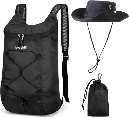levayhill 16L Foldable Backpack & Bucket Hat 2 In 1 Combo, Lightweight packable Travel Set, Compact Daypack with Sun Hat (Black) in Kuwait
