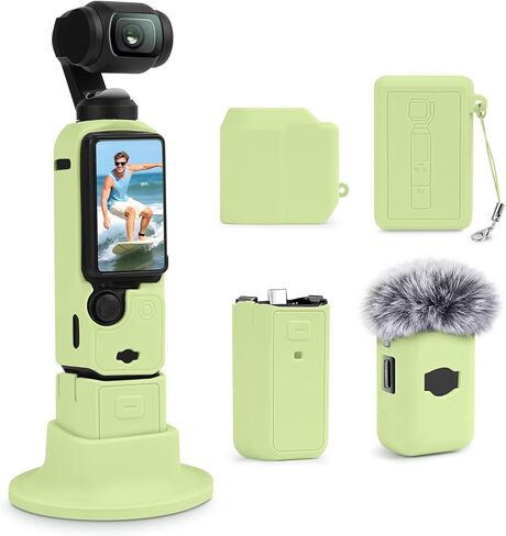 حافظة من السيليكون لكاميرا DJI Osmo Pocket 3/Xtra Muse مع قاعدة ثابتة وحبل مضاد للفقد، متوافقة مع ملحقات Xtra Muse - للتصوير اليومي لمدونات الفيديو أثناء السفر (أخضر) in Kuwait