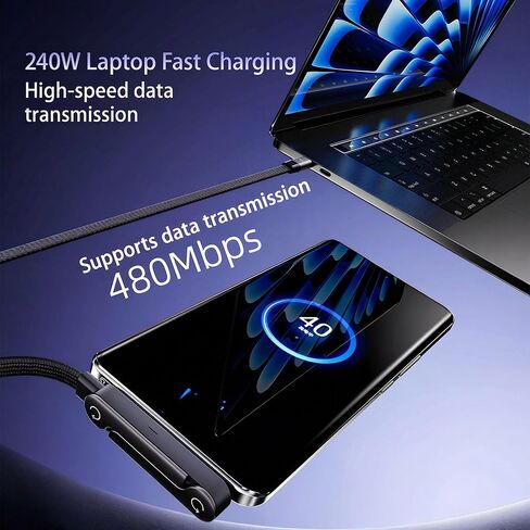 كابل شحن غير مرئي 2 في 1 - سلك شاحن USB-C متعدد الزوايا قابل للتعديل (4.9 قدم) مع شحن سريع 240 وات للهواتف الذكية والأجهزة اللوحية وأجهزة الكمبيوتر المحمولة وأجهزة الألعاب in Kuwait