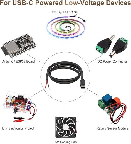 كابل طاقة USB-C إلى الأسلاك العارية، 20AWG 1M/3.3FT DIY سلك طاقة منخفض الجهد مع موصلات أسلاك نحاسية سريعة، قابس ذكر من النوع C 5V 5A لشريط LED، Arduino، مشاريع الإلكترونيات، حزمة واحدة in Kuwait