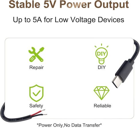 كابل طاقة USB-C إلى الأسلاك العارية، 20AWG 1M/3.3FT DIY سلك طاقة منخفض الجهد مع موصلات أسلاك نحاسية سريعة، قابس ذكر من النوع C 5V 5A لشريط LED، Arduino، مشاريع الإلكترونيات، حزمة واحدة in Kuwait