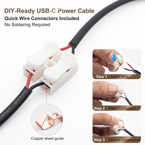 كابل طاقة USB-C إلى الأسلاك العارية، 20AWG 1M/3.3FT DIY سلك طاقة منخفض الجهد مع موصلات أسلاك نحاسية سريعة، قابس ذكر من النوع C 5V 5A لشريط LED، Arduino، مشاريع الإلكترونيات، حزمة واحدة in Kuwait