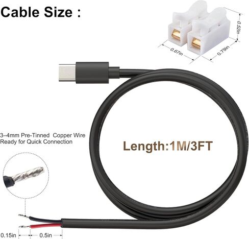 كابل طاقة USB-C إلى الأسلاك العارية، 20AWG 1M/3.3FT DIY سلك طاقة منخفض الجهد مع موصلات أسلاك نحاسية سريعة، قابس ذكر من النوع C 5V 5A لشريط LED، Arduino، مشاريع الإلكترونيات، حزمة واحدة in Kuwait
