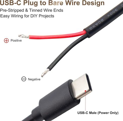 كابل طاقة USB-C إلى الأسلاك العارية، 20AWG 1M/3.3FT DIY سلك طاقة منخفض الجهد مع موصلات أسلاك نحاسية سريعة، قابس ذكر من النوع C 5V 5A لشريط LED، Arduino، مشاريع الإلكترونيات، حزمة واحدة in Kuwait