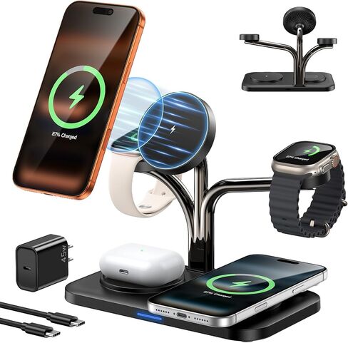 محطة شحن مغناطيسية 45 وات 5 في 1 لأجهزة Apple المتعددة، حامل شاحن مزدوج للهاتف وساعة Apple، شاحن لاسلكي سريع لشاحن MagSafe لسلسلة iPhone 17-12، لساعة Apple وAirPods in Kuwait