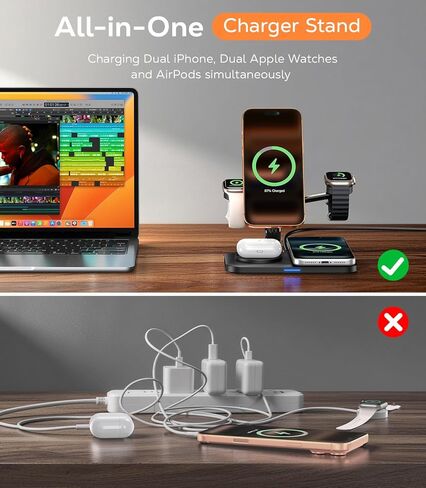 محطة شحن مغناطيسية 45 وات 5 في 1 لأجهزة Apple المتعددة، حامل شاحن مزدوج للهاتف وساعة Apple، شاحن لاسلكي سريع لشاحن MagSafe لسلسلة iPhone 17-12، لساعة Apple وAirPods in Kuwait