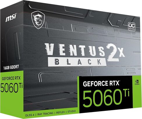 msi Gaming RTX 5060 Ti 16G Ventus 2X OC Black Plus Graphics Card (16GB GDDR7, 128-bit, Extreme Performance: 2617 MHz, DisplayPort x 3 2.1a, HDMI 2.1b, NVIDIA Blackwell Architecture) in Kuwait