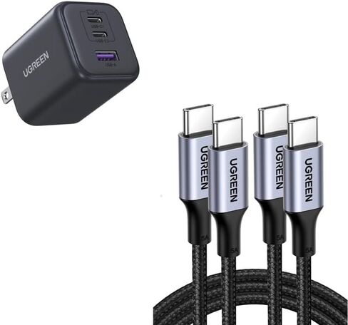 شاحن سريع UGREEN 45W GaN ذو 3 منافذ + كابل شحن سريع 100W USB-C إلى USB-C (عبوتان) - حزمة شحن فائقة PD/PPS عالمية لأجهزة الكمبيوتر المحمول والهاتف والكمبيوتر اللوحي in Kuwait