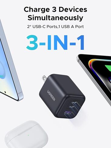 شاحن سريع UGREEN 45W GaN ذو 3 منافذ + كابل شحن سريع 100W USB-C إلى USB-C (عبوتان) - حزمة شحن فائقة PD/PPS عالمية لأجهزة الكمبيوتر المحمول والهاتف والكمبيوتر اللوحي in Kuwait