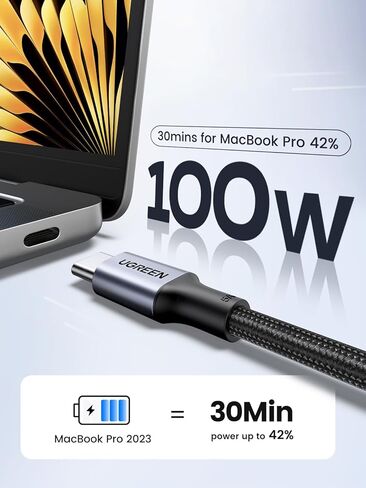 شاحن سريع UGREEN 45W GaN ذو 3 منافذ + كابل شحن سريع 100W USB-C إلى USB-C (عبوتان) - حزمة شحن فائقة PD/PPS عالمية لأجهزة الكمبيوتر المحمول والهاتف والكمبيوتر اللوحي in Kuwait