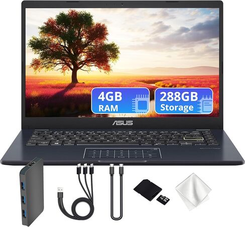 ASUS Vivobook Go 14 بوصة FHD Business Laptop، Intel Celeron N4500، Intel UHD Graphics، 4GB DDR4، تخزين 1.12 تيرابايت (128GB eMMC&1TB Docking Station)، لوحة مفاتيح رقمية، كاميرا ويب، Wi-Fi 5، Win 11، Star Black in Kuwait
