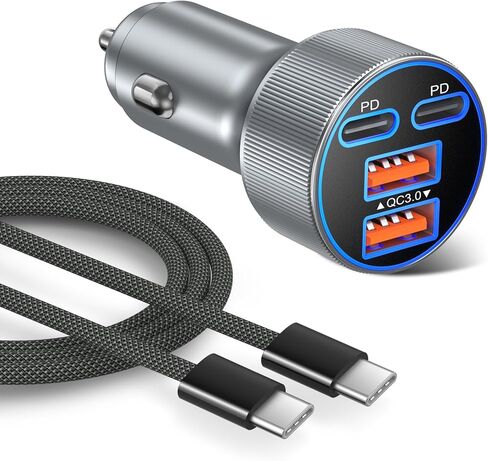 شاحن سيارة فائق السرعة من النوع C، Besgoods Dual 45W USB C 4-Port ولاعة السجائر محول متوافق مع Galaxy S26 S25 Ultra FE S24 S22 iPhone 17 16 15 Pro Max، مع كابل USB C إلى C مضفر بطول 6 أقدام in Kuwait