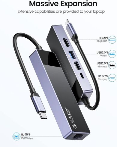 USB C Hub, ORICO 5 in 1 MacBook Docking Station Multiport Adapter with PD 60W，HDMI 4K@30Hz，USB-A3.0×1，USB-A2 .0×1，RJ45×1 Compatible with Dell/Surface/HP/Lenovo Laptops in Kuwait