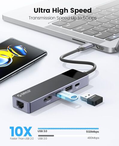 USB C Hub, ORICO 5 in 1 MacBook Docking Station Multiport Adapter with PD 60W，HDMI 4K@30Hz，USB-A3.0×1，USB-A2 .0×1，RJ45×1 Compatible with Dell/Surface/HP/Lenovo Laptops in Kuwait