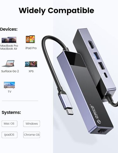USB C Hub, ORICO 5 in 1 MacBook Docking Station Multiport Adapter with PD 60W，HDMI 4K@30Hz，USB-A3.0×1，USB-A2 .0×1，RJ45×1 Compatible with Dell/Surface/HP/Lenovo Laptops in Kuwait