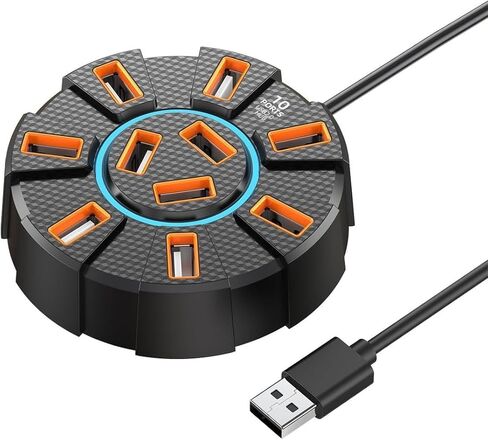 USB 2.0 Hub 10 Ports Multi Splitter Adapter with Light 120cm Cable, 5Gbps High Speed USB Expansion Data Transfer Expander for PC Laptop in Kuwait