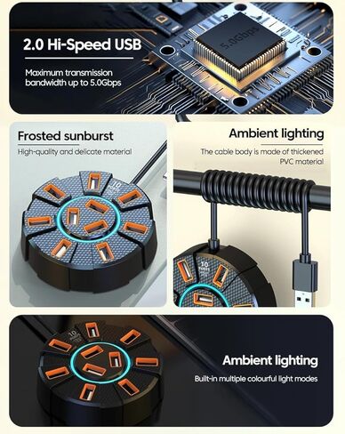 USB 2.0 Hub 10 Ports Multi Splitter Adapter with Light 120cm Cable, 5Gbps High Speed USB Expansion Data Transfer Expander for PC Laptop in Kuwait