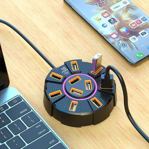 USB 2.0 Hub 10 Ports Multi Splitter Adapter with Light 120cm Cable, 5Gbps High Speed USB Expansion Data Transfer Expander for PC Laptop in Kuwait