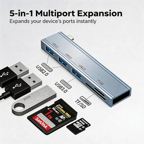 【5 في 1】 موزع USB-C، 2xUSB2.0، 1xUSB3.0، قارئ بطاقة SD/TF، ​​سرعة عالية 5 جيجابت في الثانية، OTG، التوصيل والتشغيل، سبائك الألومنيوم، محمول، متوافق مع MacBook، iPhone، iPad، iMac، الكمبيوتر الشخصي، الكمبيوتر المحمول، Surface، XPS، Dell، HP، Lenovo in Kuwait