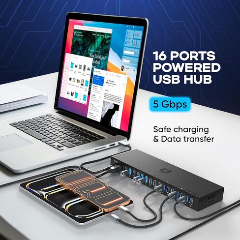 محور USB 3.0 يعمل بـ 16 منفذًا، محور توسيع USB لسطح المكتب مع نقل بيانات عالي السرعة بسرعة 5 جيجابت في الثانية، مقسم USB من الألومنيوم لأجهزة متعددة، محول طاقة تيار متردد متضمن لاستخدام الكمبيوتر والكمبيوتر المحمول in Kuwait