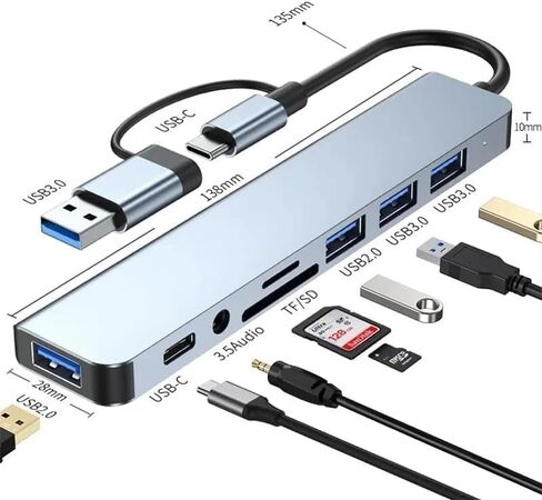 موزع USB C 8 في 2، موزع توسيع USB 3.0 متعدد المنافذ مع قارئ بطاقة SD TF، منافذ USB 2.0 من النوع C، موصلات صوت 3.5 مم، محول موزع متعدد المنافذ لجهاز MacBook Air Pro Galaxy in Kuwait