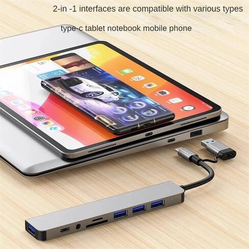 موزع USB C 8 في 2، موزع توسيع USB 3.0 متعدد المنافذ مع قارئ بطاقة SD TF، منافذ USB 2.0 من النوع C، موصلات صوت 3.5 مم، محول موزع متعدد المنافذ لجهاز MacBook Air Pro Galaxy in Kuwait